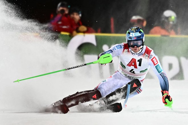 Timon Haugan se veseli prestižne slalomske zmage. FOTO: Joe Klamar/AFP