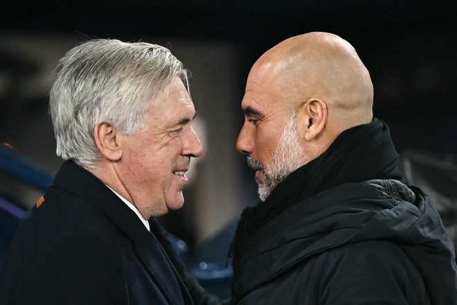 Carlo Ancelotti ne verjame Pepu Guardioli, da imajo gostje samo odstotek možnosti za zmago. FOTO: Paul Ellis/AFP