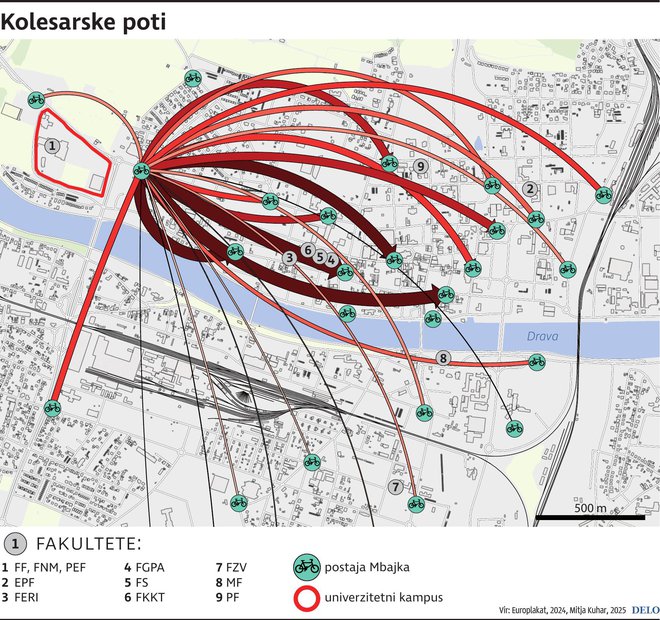 Kolesarske poti iz študentskega kampusa. Kartografija: Mitja Kuhar