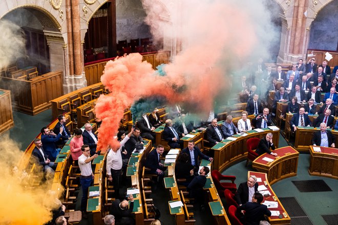 Glasovanje o spornem zakonu se je sprevrglo v kaos. FOTO: Marton Monus/Reuters