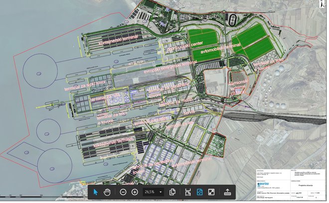 Na prostorskem načrtu Luke Koper so z zeleno barvo označene kasete, kamor je bilo in še bo mogoče odlagati mulj od poglabljanja morja. Površine so (bodo) namenjene skladiščenju avtomobilov. FOTO: Luka Koper
